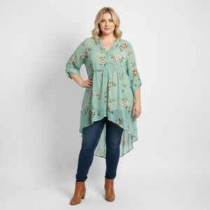 TORRID Floral Print Women's Top Mint Green Button Down Summer Dress Cuff Sleeves